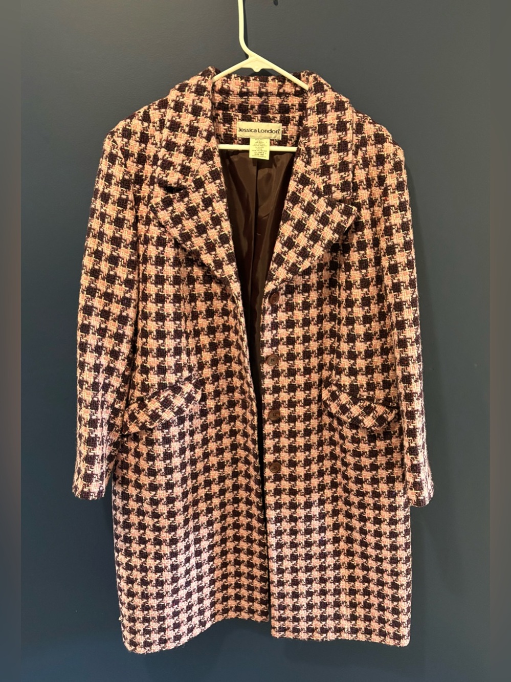 Jessica London Pink and Black Wool Blend Houndstooth Pea Coat
